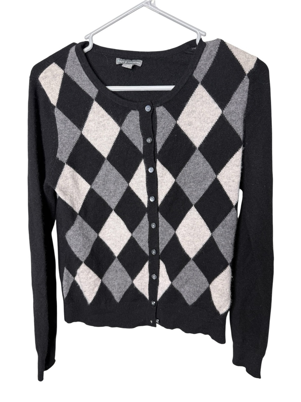 Apt. 9 Black Grey White Size M 100% Cashmere Argyle Cardigan Sweater